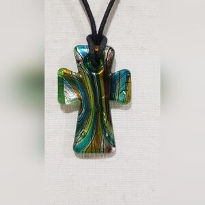 Handmade Green Glass Cross Pendant Necklace